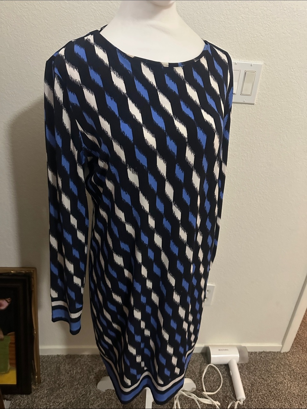 Michael Kors Blue, Black and White Long-Sleeve Printed Shift Dress